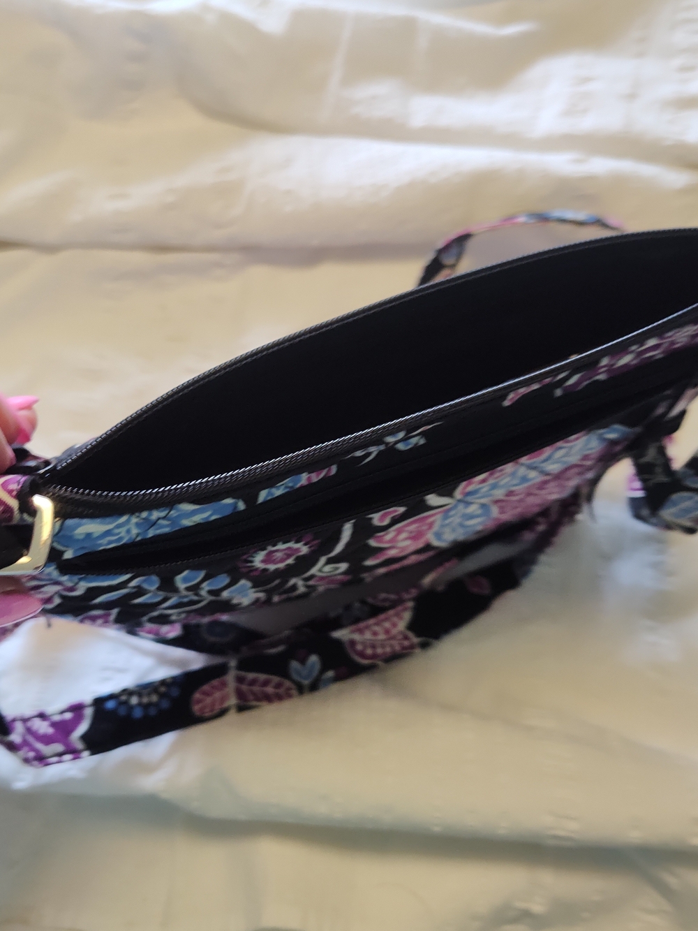 Vera Bradley Black Quilted Crossbody with Pink and Blue Floral Print